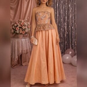 Victor Costa Vintage 70s 80s Peach Sequin Lace & Taffeta Party Prom Dress sz 8